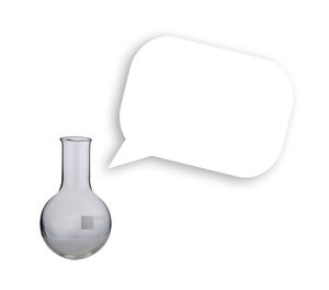 Digital composite image of thought bubble with flask against white background