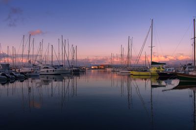 Sailboats moored at harbor during sunset