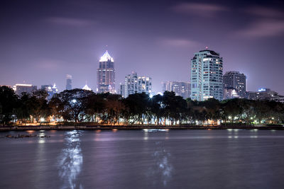 View of city lit up at night