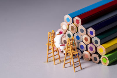 High angle view of multi colored pencils on table