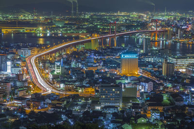 High angle view of illuminated kitakyushu during night