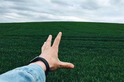 Low section of person on grassy field against sky