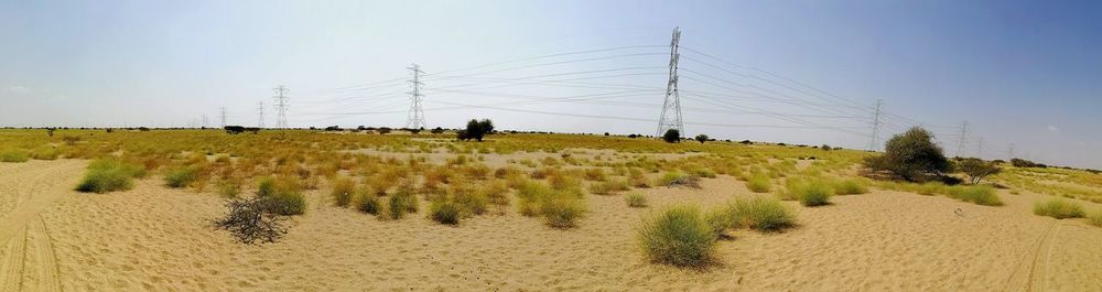 Scenic view of farm against clear sky