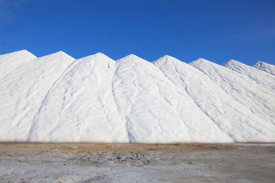 Scenic view of snowcapped mountains against clear blue sky