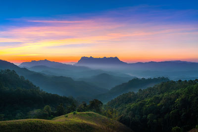 Scenic view of mountains against sky during sunset