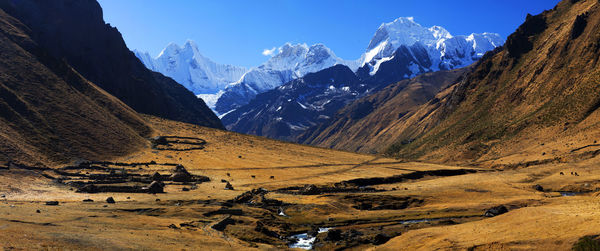 Panorama of snowy mountains and valley in the remote cordillera huayhuash circuit in peru.