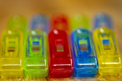 Close-up of multi colored toys on table