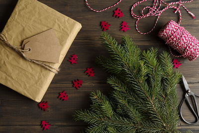 High angle view of christmas decorations on table