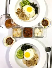 High angle view of breakfast served on table