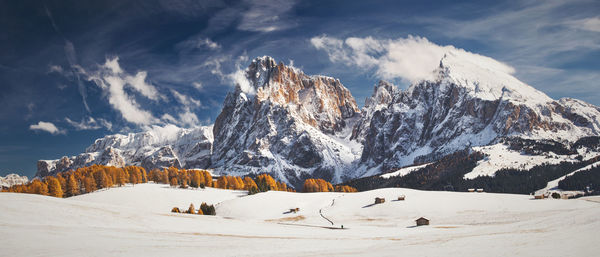 Panoramic view of snowcapped mountains against sky