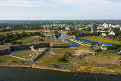 High angle view of cityscape against sky