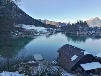 Scenic view of frozen lake against clear sky