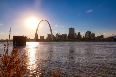 Scenic view of river by buildings against sky during sunset