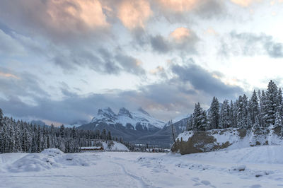 Scenic view of snow covered mountains against sky