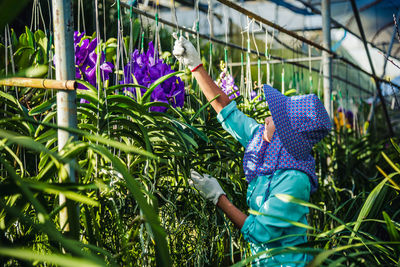 Midsection of woman holding purple flowering plants