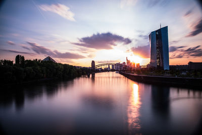 Scenic view of river by illuminated buildings against sky during sunset