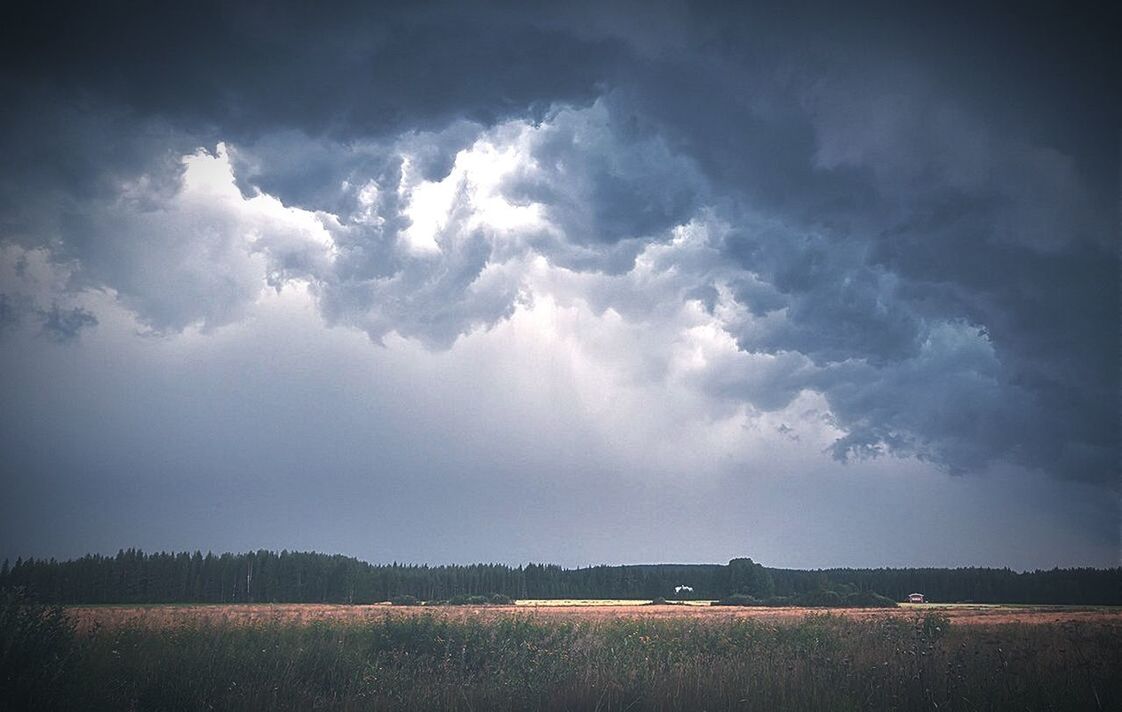 sky, landscape, field, cloud - sky, tranquil scene, cloudy, scenics, tranquility, beauty in nature, rural scene, agriculture, nature, cloud, farm, horizon over land, weather, idyllic, overcast, grass, storm cloud