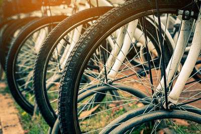 Row of bicycles on field