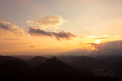 Scenic view of silhouette mountains against sky during sunset