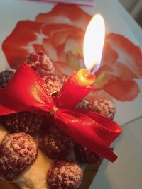 High angle view of lit candles on birthday cake
