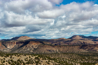 Scenic view of mountains against cloudy sky