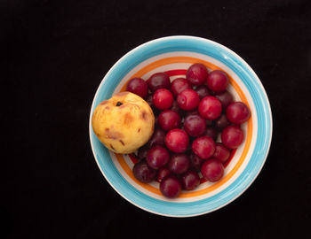 High angle view of strawberries in bowl