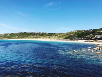 Scenic view of sea against blue sky