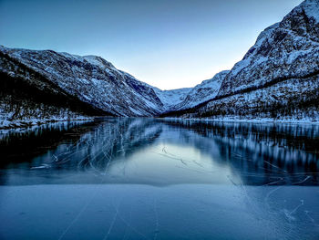 Scenic view of lake by snowcapped mountain against sky