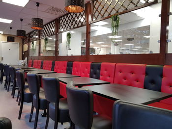 Empty chairs and tables in restaurant