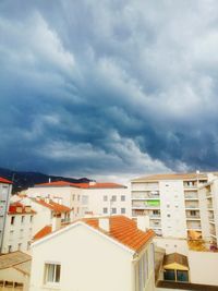 High angle view of buildings against cloudy sky