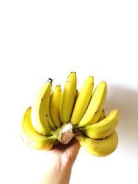 Close-up of cropped hand holding fruit over white background