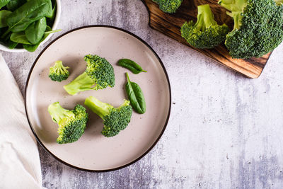 Fresh broccoli divided into inflorescences on a plate on the table. vegetable diet. top view