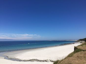 Scenic view of beach against clear blue sky