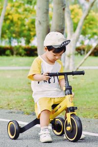 Portrait of boy playing with push scooter on field