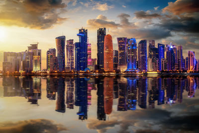Reflection of buildings in river against sky