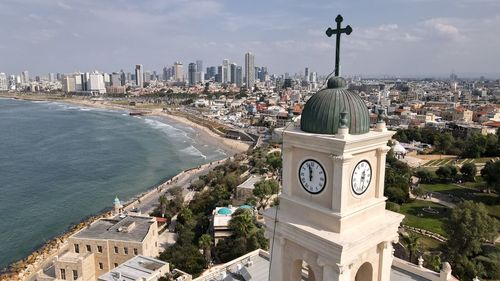 View from the drone on the old town of jaffa and tel aviv, israel