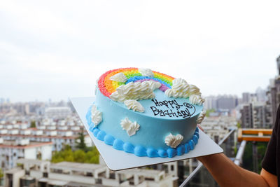 Close-up of a multi colored birthday cake with copy space