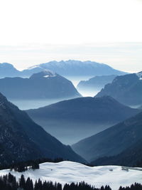 Scenic view of mountains during foggy weather