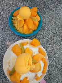 High angle view of breakfast on table