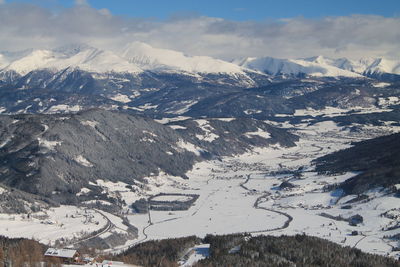 Scenic view of snow covered mountains against sky