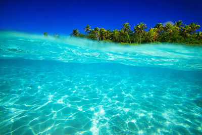 Scenic view of sea against clear blue sky