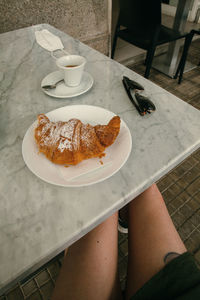 High angle view of breakfast served on table