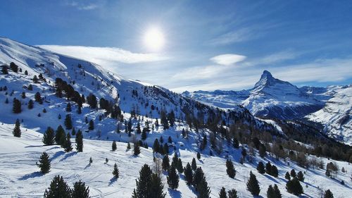 Panoramic view of snow covered mountains against sky