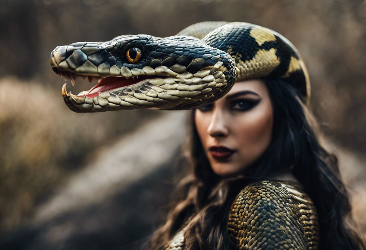 portrait, animal, animal themes, adult, one person, women, reptile, headshot, animal wildlife, young adult, animal body part, one animal, nature, beauty in nature, looking at camera, looking, animal head, snake, outdoors, human face, emotion, fashion, facial expression, female