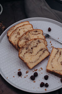 High angle view of cake in plate on table