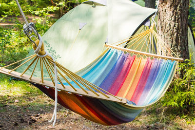 Camping outdoors - tents, equipment and cooking. camping in the summer. multi-colored hammock