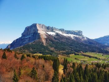 Scenic view of mountains against clear blue sky