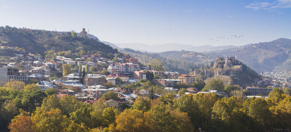 High angle view of trees and mountains against sky