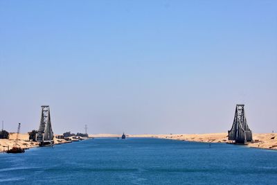 Scenic view of sea against clear blue sky