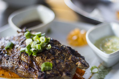 Close-up of food served in plate